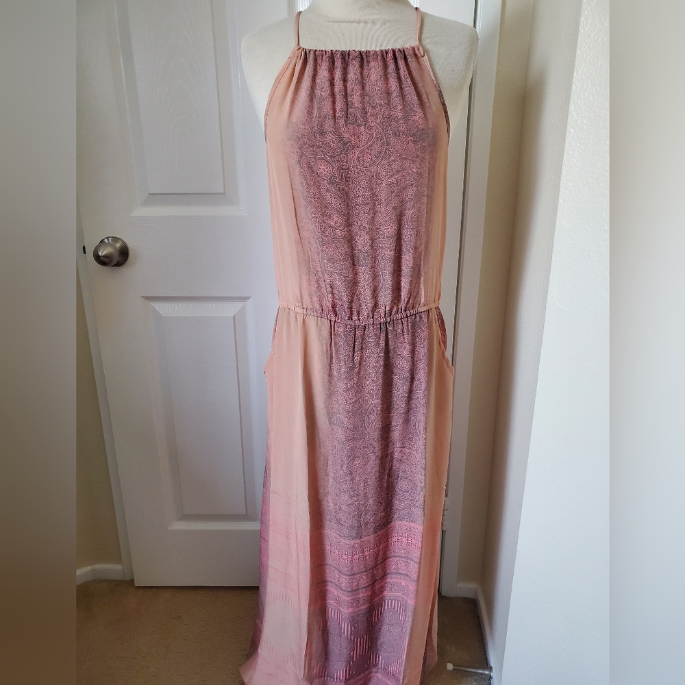 Earthbound Boho Pink Tan Paisley Print Maxi Dress Pockets Women's Size Small